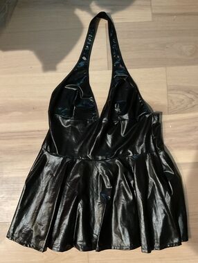 NEW NEVER WORN Black Faux Leather Halter Skater Dress